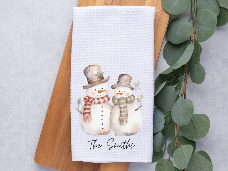 snowman personalised kitchen towel christmas etsy
