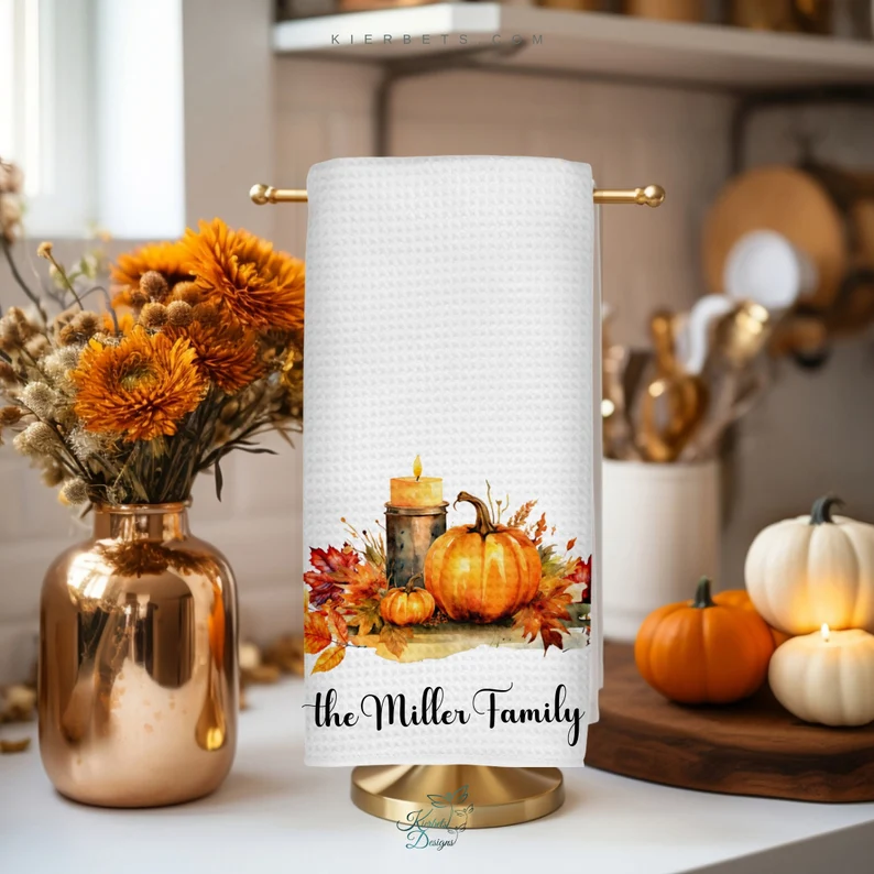 a white kitchen towel with fall themed print and personalized name etsy