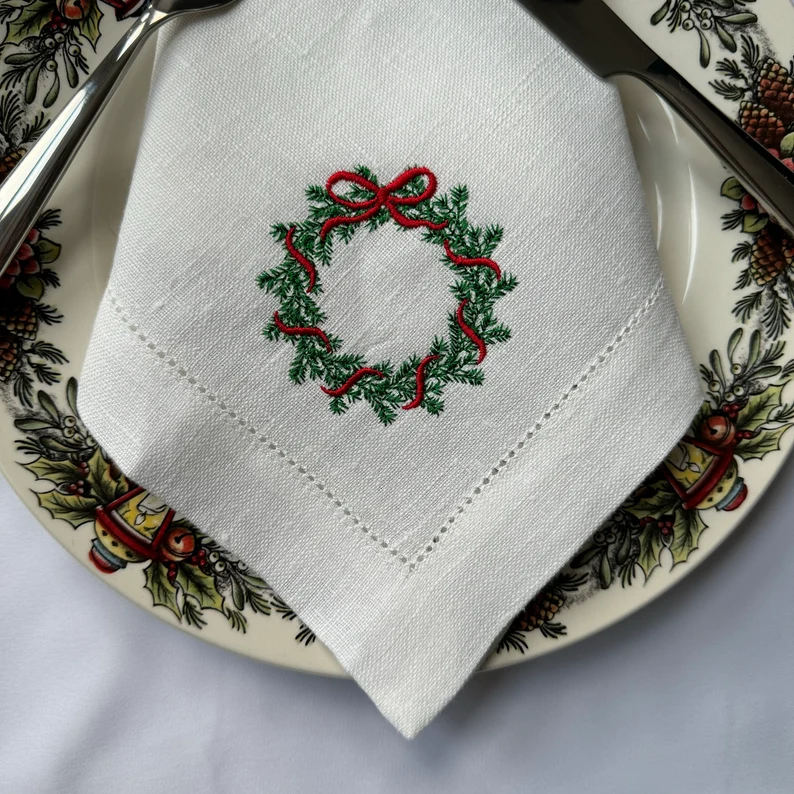 embrodied lined napkins with christmas wreath etsy