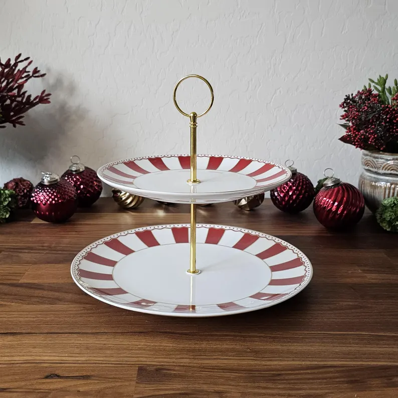 two tier serving tray in red and white