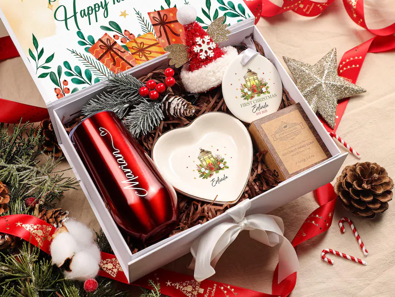 cute christmas white gift box open with personalized stainless still beevergae cup, soap, ring dish and chrismtas ornament