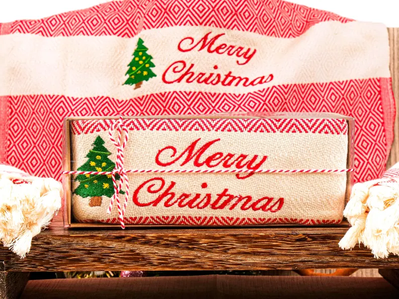 red and white embroided merry christmas tea towels