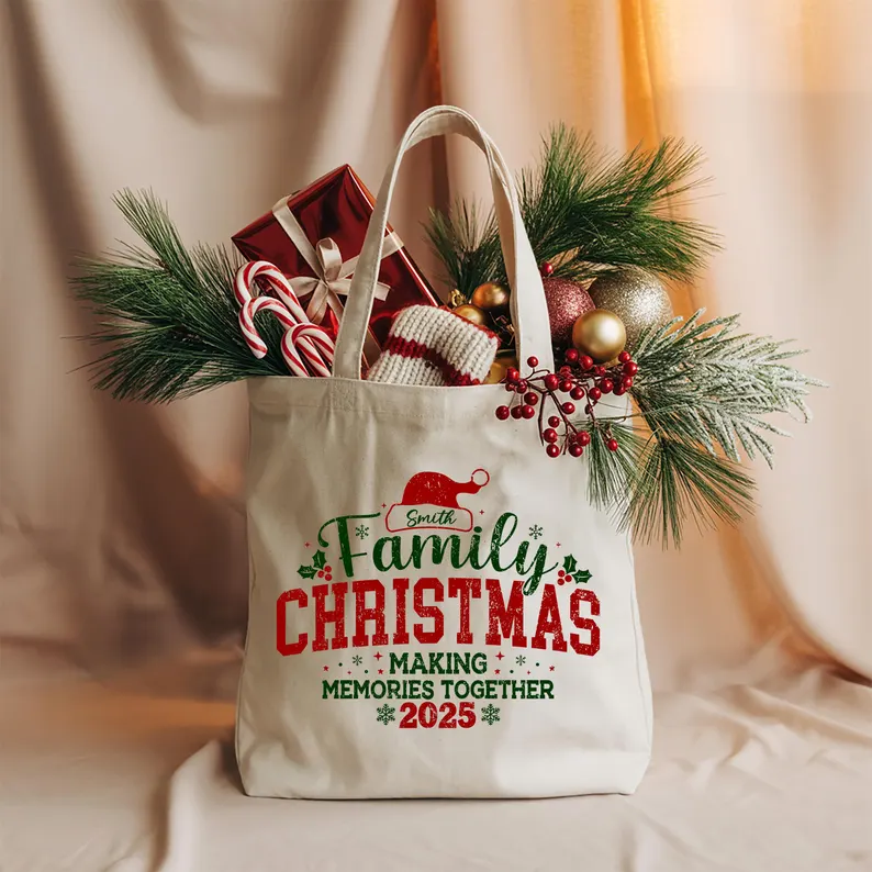 printed christmas tote bag stuffed with chrismtas decor and gggodies etsy