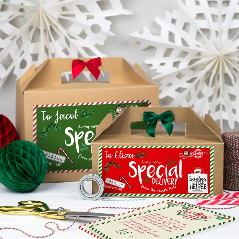 Brown gable boxes with "Special Delivery" labels, ideal packaging for building custom Christmas Eve Boxes for Teens.