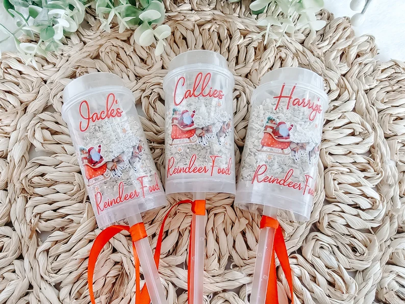 Set of three personalized Reindeer Food poppers, a fun novelty item for Christmas Eve Boxes