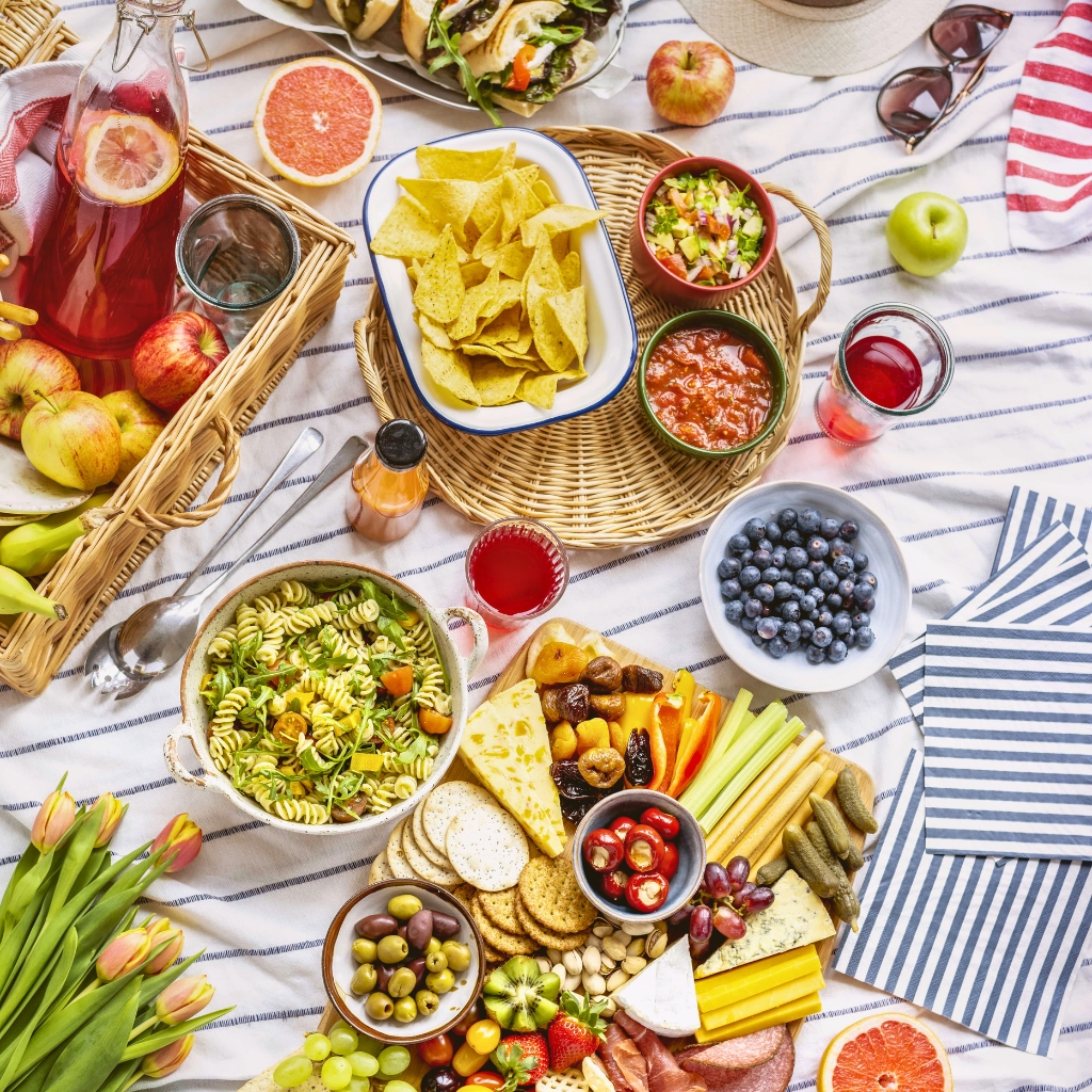 flatlay table of food