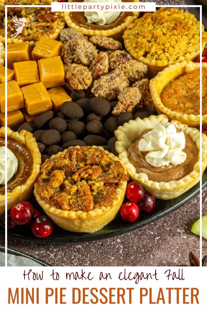 Festive close-up of a beautiful Mini Pie Dessert Platter showcasing pecan, pumpkin, and apple crumble mini pies.