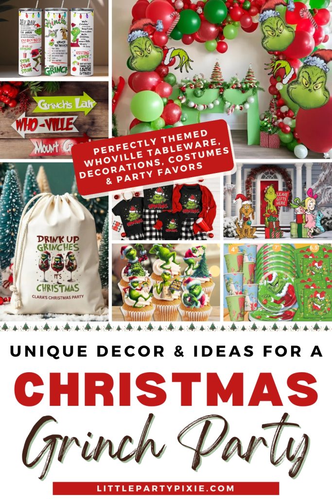 collages of products from etsy used to decorate a Grinch themed party