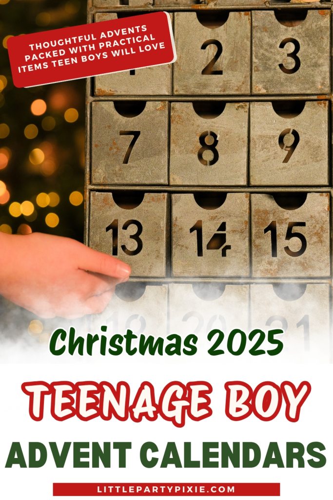 close u of a wooden advent calendar with a boys hand opening; text oerlay christmas 2025 teenage boy advent calendar