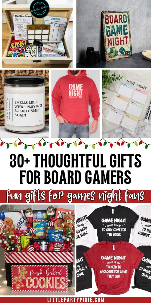 collage of images board game gift ideas from etsy  with text overlay 30+ thoughtful gifts for board gamers