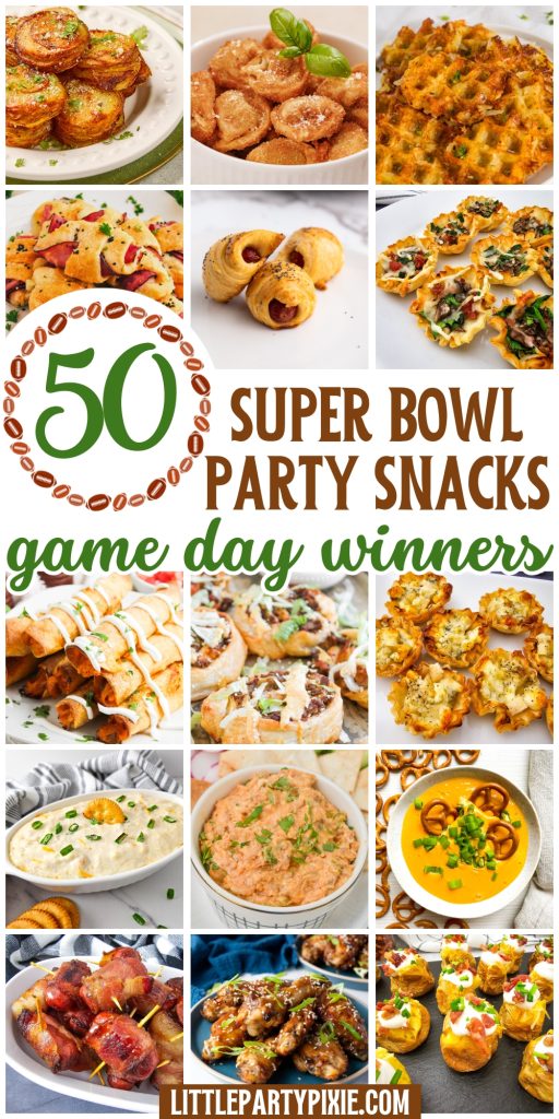 A collage of 15 images showing various Superbowl Appetizers like bacon-wrapped sausages, mini quiches, dips, pretzel bites, and chicken wings perfect for a game day party.