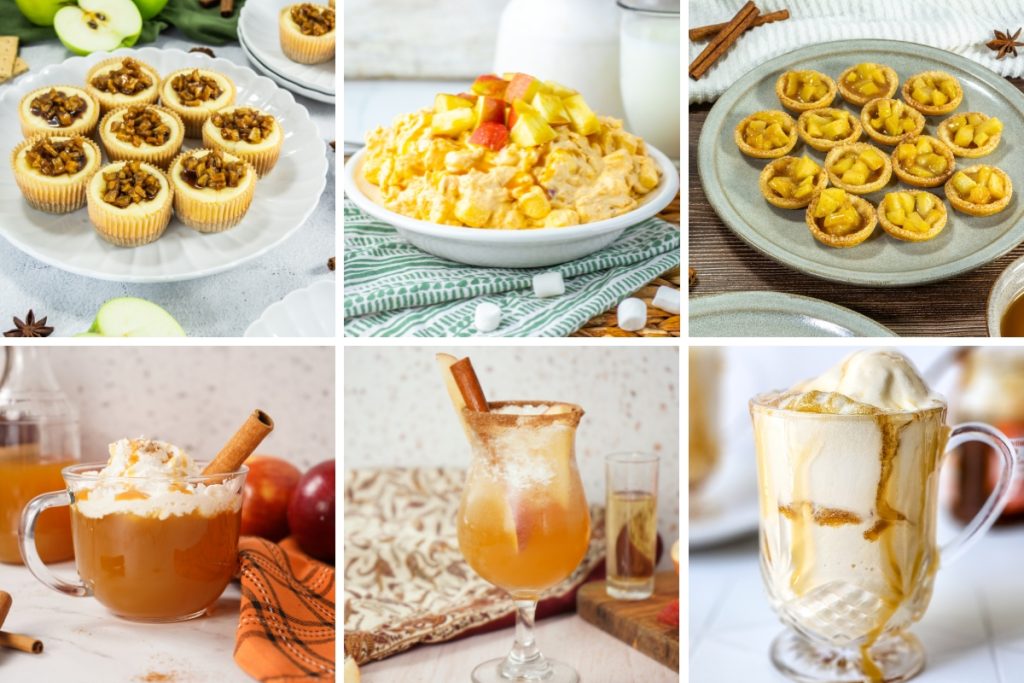 Grid of six tempting caramel apple recipes, including mini cheesecakes, a creamy dip, small tarts, and three different seasonal hot and cold drinks.