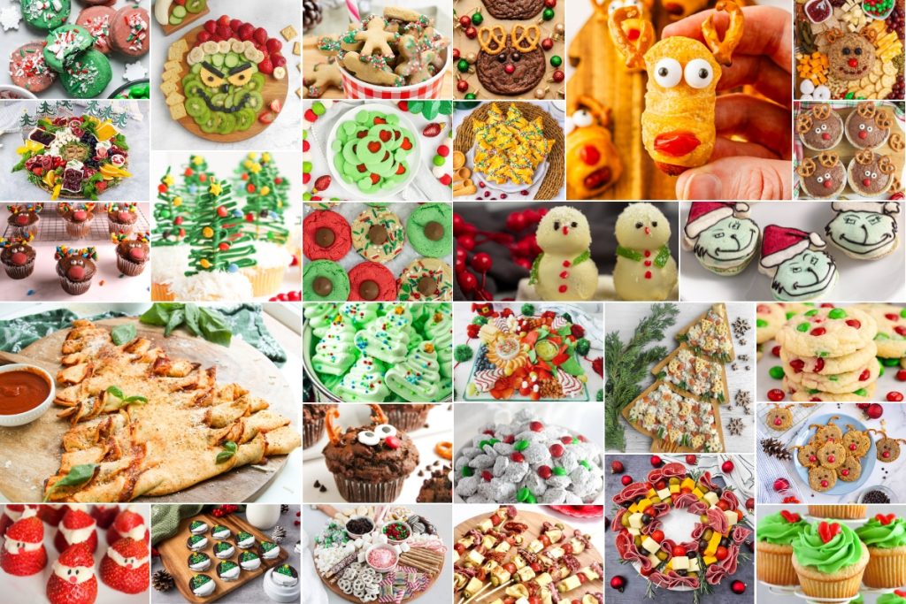collage of many christmas party food dishes