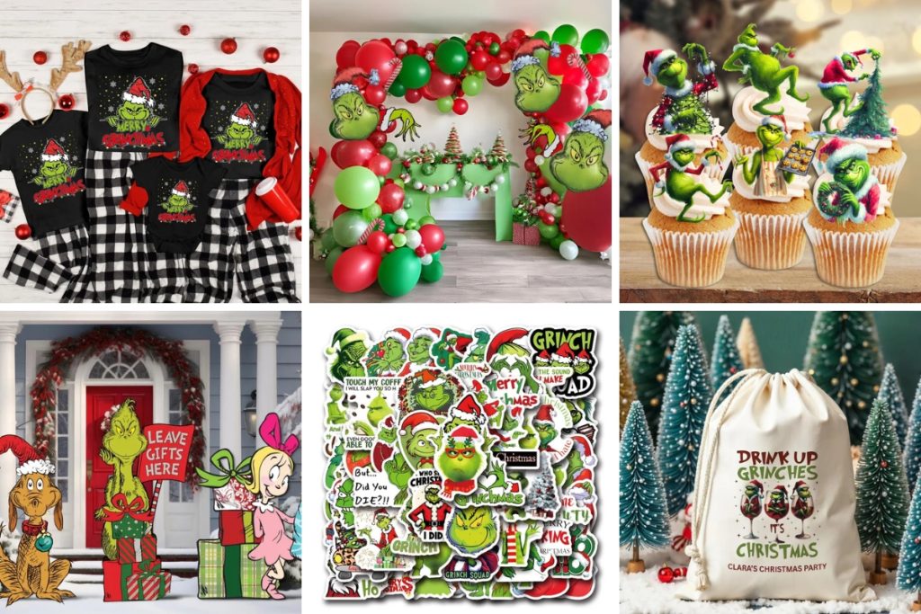 colalge of images party decor for a Grinch themes party you'll find on etsy and amazon to set up a party at home