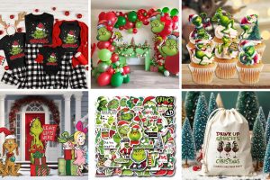 colalge of images party decor for a Grinch themes party you'll find on etsy and amazon to set up a party at home
