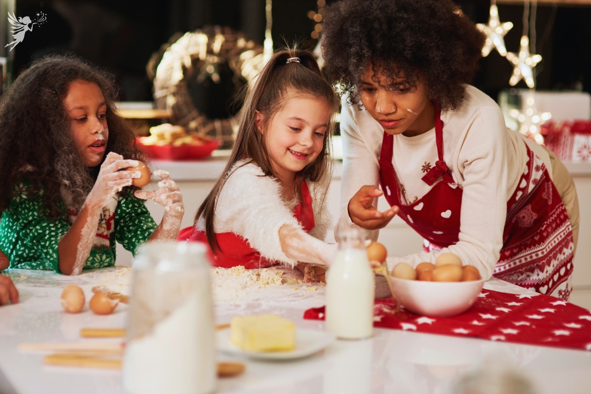 children of different ages and races in a kitchen preparing christmas food