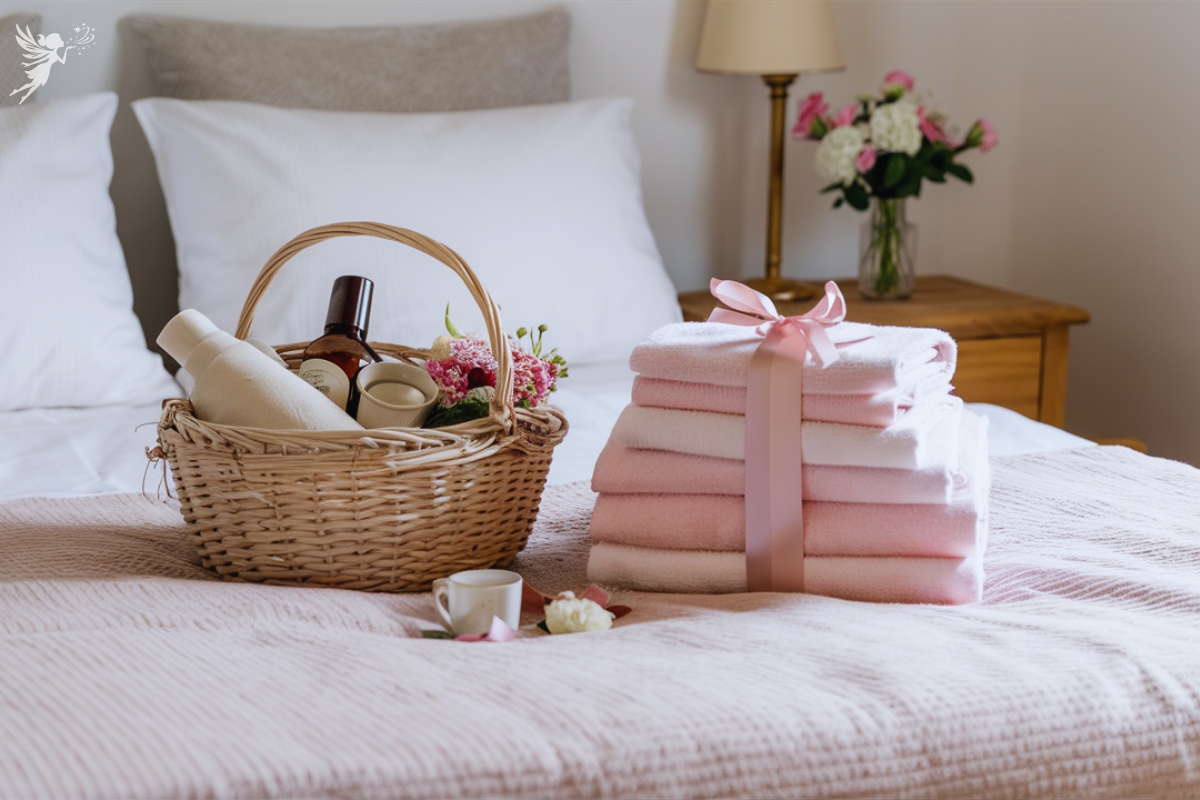 welcome basket on a bed for a house guest with a pile of pink and white towels tied in a ribbon