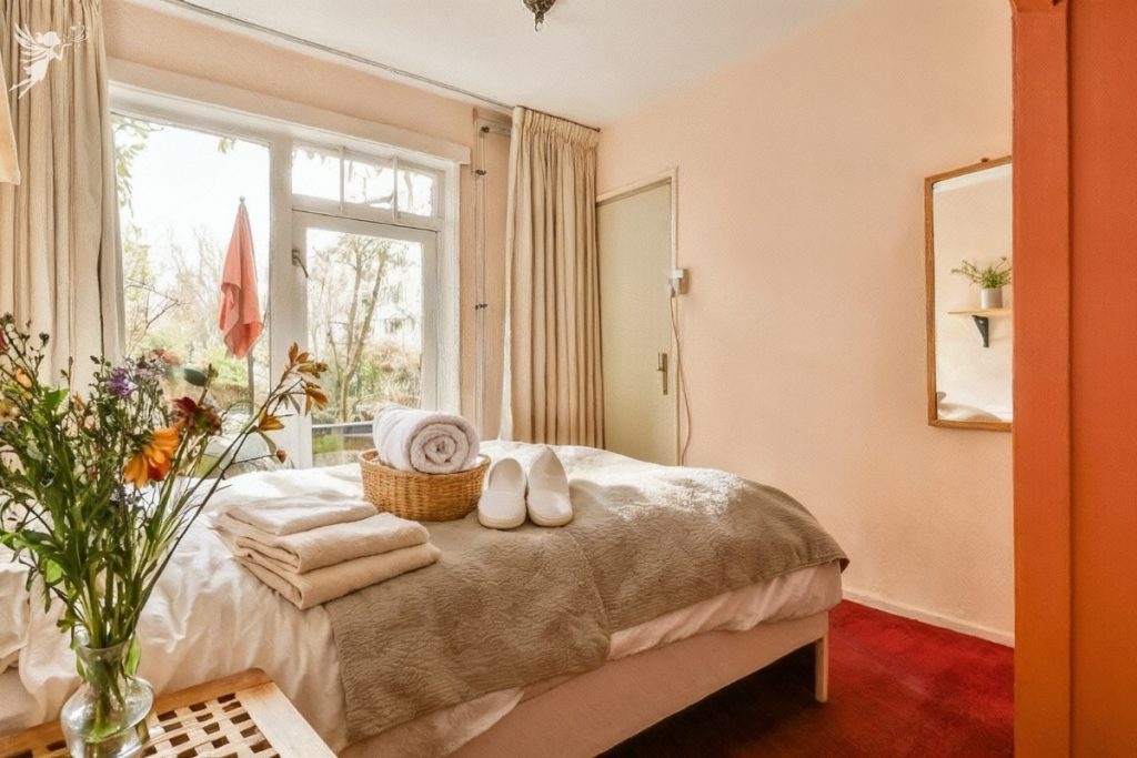 comfortable guest bedroom set up ready for visitors with towels robe and slippers 