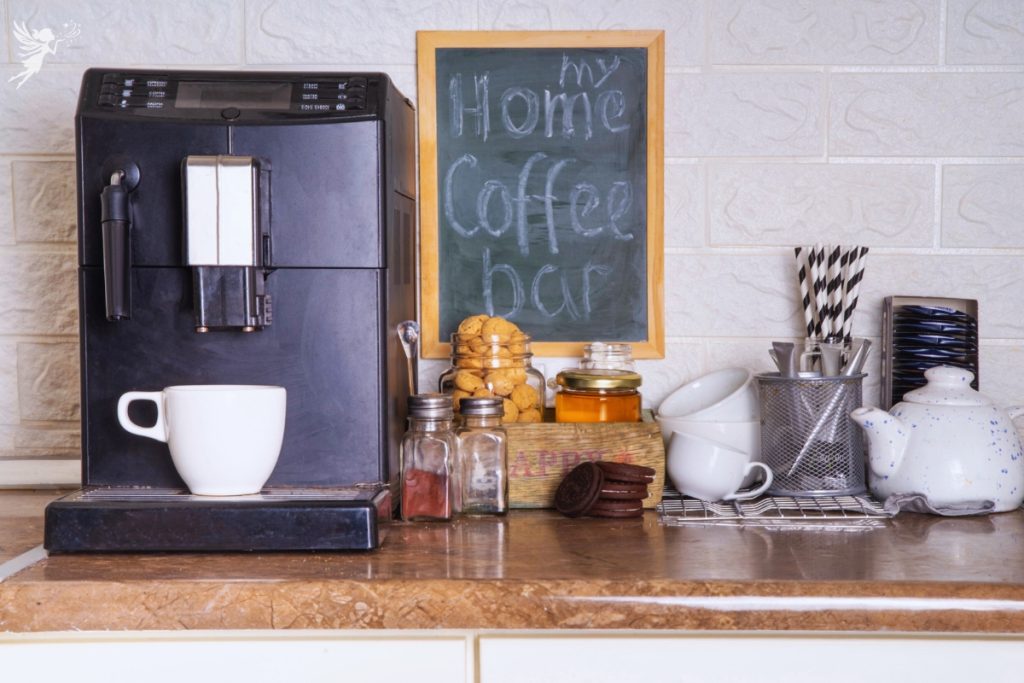 a cozy voffee corner with coffee machine and mugs in a kitchen