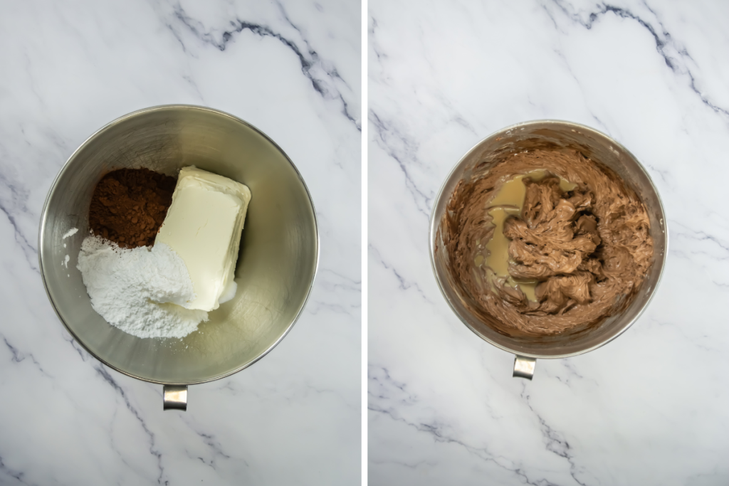 Making the chocolate cheesecake layer for the Baileys Chocolate Cheesecake Trifle Cups by mixing cream cheese, cocoa, powdered sugar, vanilla, salt and Baileys.