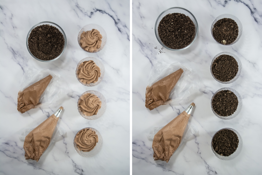 Continuing the layering process of the Baileys Chocolate Cheesecake Trifle Cups, alternating between the crushed cookie base and the cheesecake filling.