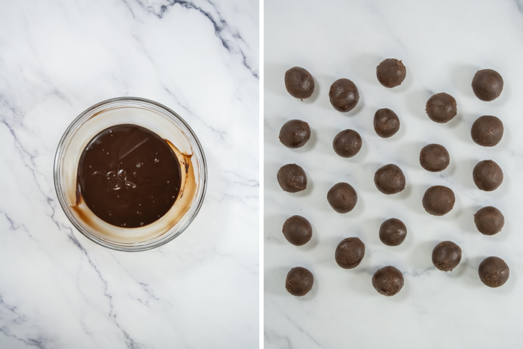 The melted and smooth Baileys chocolate ganache is shown in a bowl, followed by the chilled ganache rolled into smooth balls for the Baileys Chocolate Truffles.