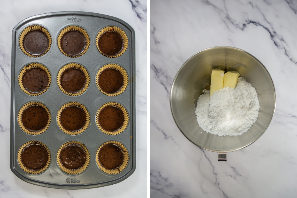 Cupcake liners filled with batter in a muffin tin, and then the ingredients for the Baileys frosting (butter and powdered sugar) in a mixing bowl.