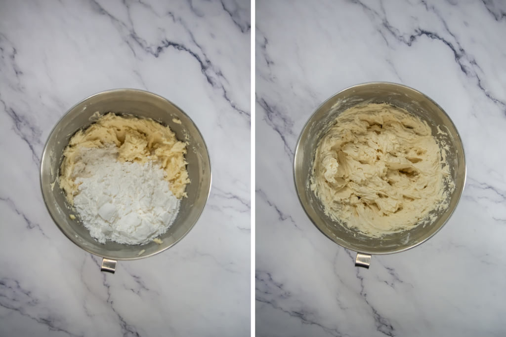 Powdered sugar is incorporated into the creamed butter for the frosting, followed by the smooth, combined base mixture for the Baileys Cupcakes frosting.