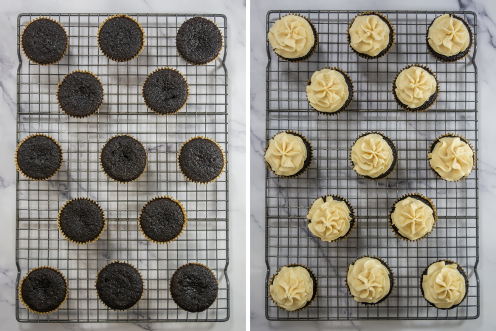 Baked chocolate Baileys Cupcakes cooling on a wire rack, followed by the same cupcakes after being generously piped with Baileys frosting.