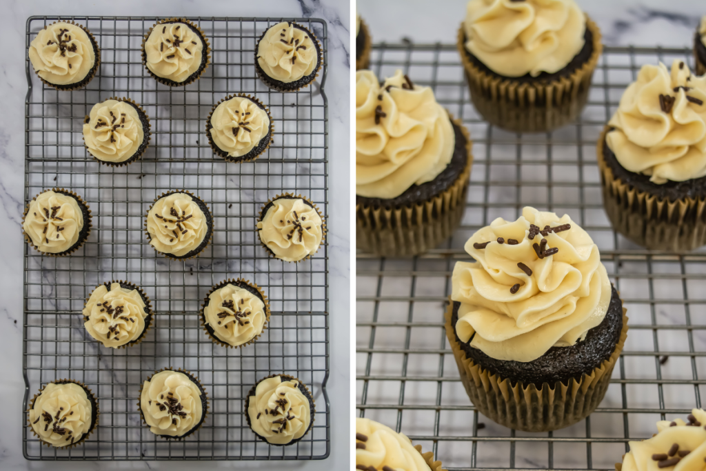 Finished and decorated Baileys Cupcakes with a swirl of frosting and chocolate sprinkles, shown in a grid and close-up view on a cooling rack.