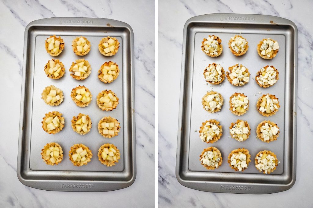 Split image showing phyllo cups being filled first with diced pear, then topped with blue cheese crumbles.