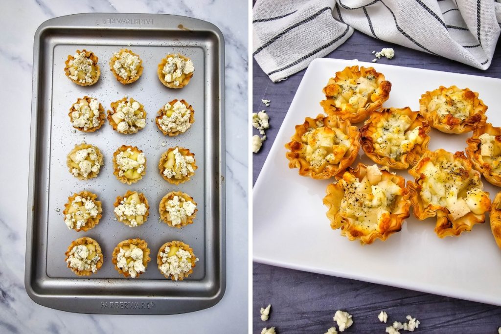 Split image showing Blue Cheese & Pear Phyllo Bites on a baking sheet and plated, baked golden brown.