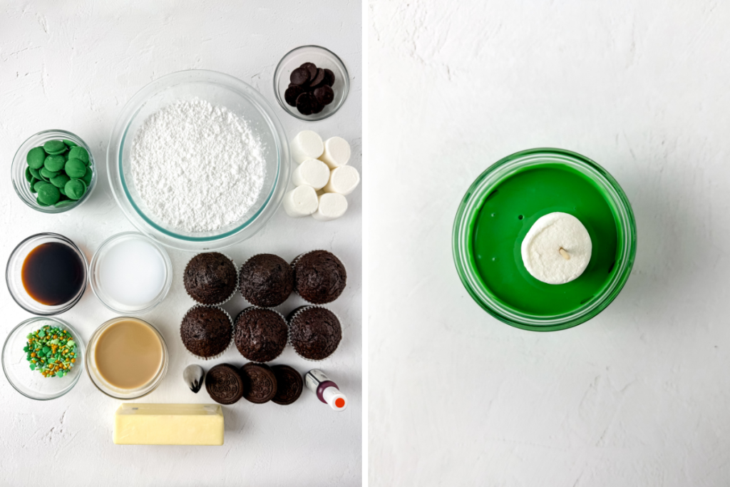 Ingredients displayed for Leprechaun Irish Cream Buttercream Cupcakes, featuring cupcakes, powdered sugar, marshmallows, and green candy melts. A marshmallow is being dipped in the green coating.