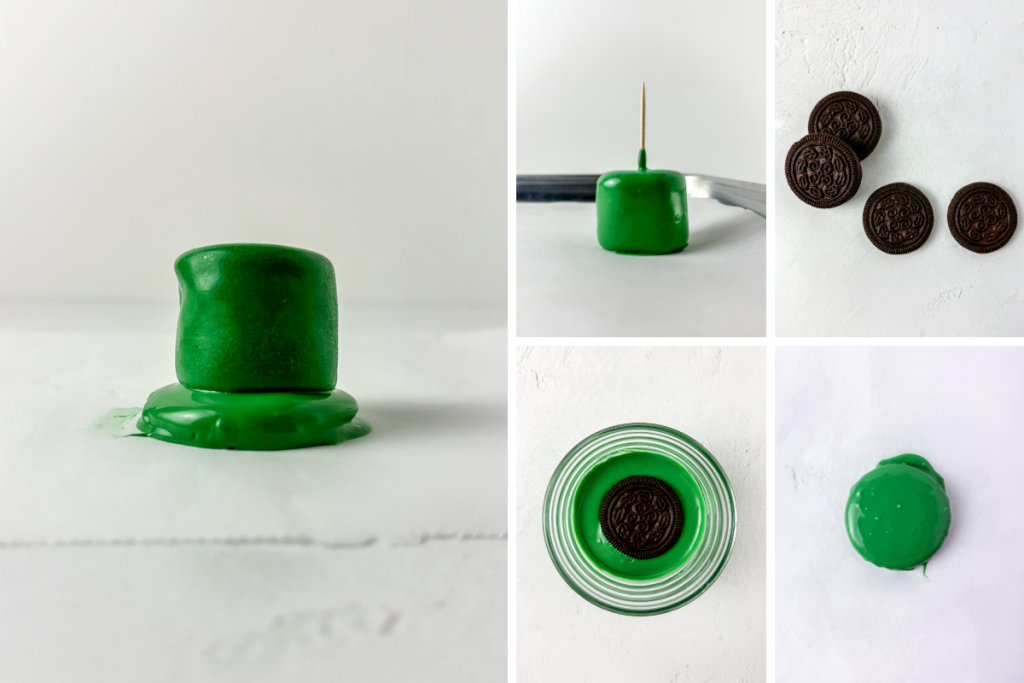Step-by-step process of dipping marshmallows and Oreos in green candy coating to create the core shapes for the Leprechaun hat cupcake toppers.