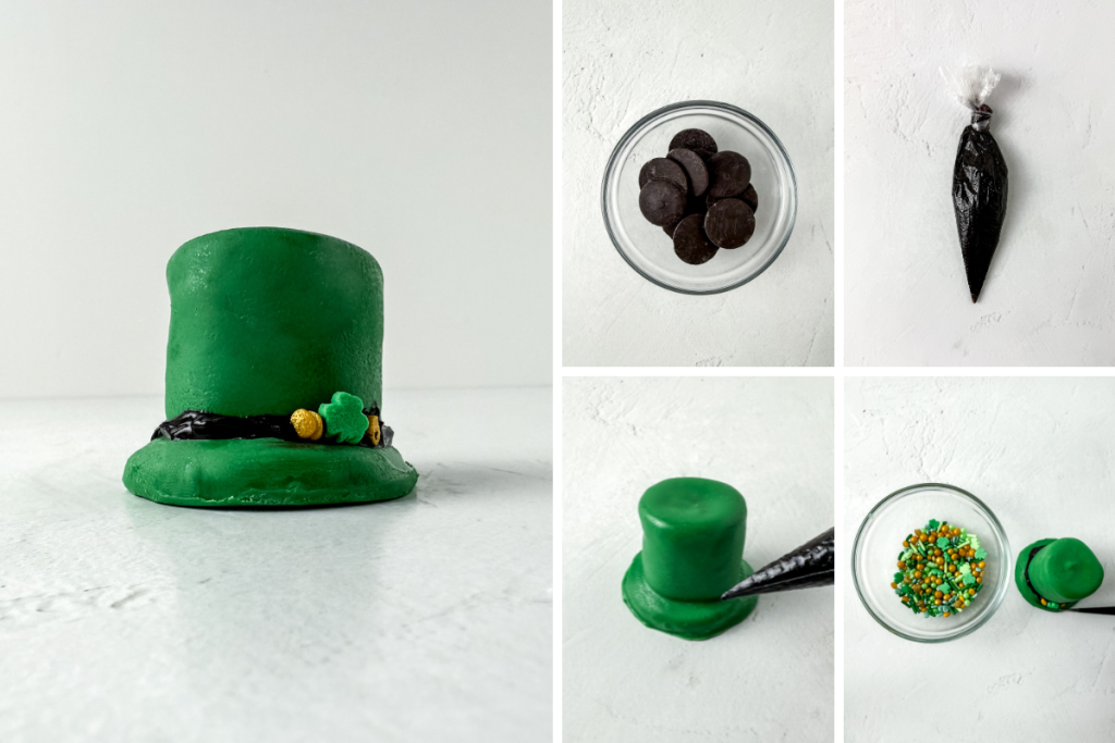 The green Leprechaun hat topper is decorated with a piped black chocolate band and small gold and green shamrock sprinkles for detail.