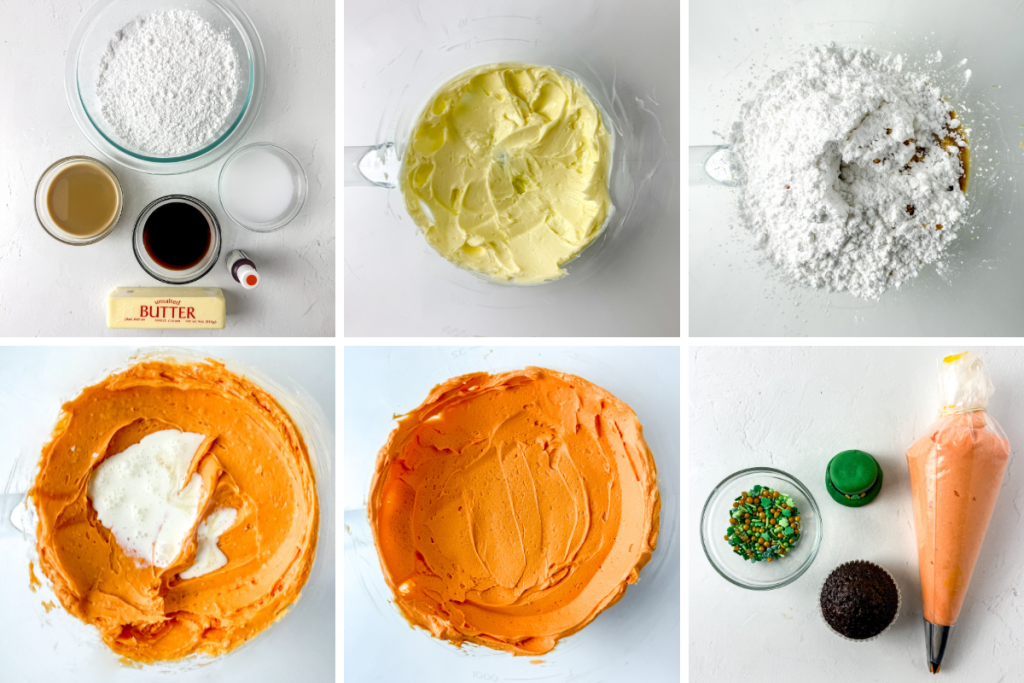 Photo collage showing the process of mixing butter, powdered sugar, and Irish cream to create vibrant orange Irish Cream Buttercream frosting.
