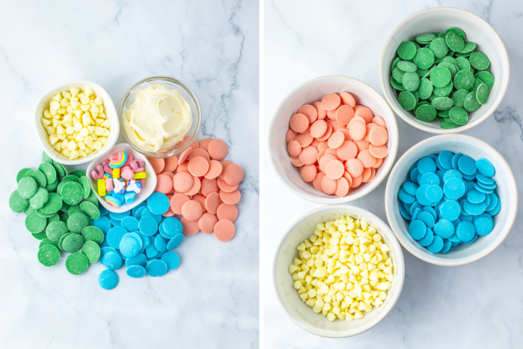 Ingredients for Lucky Charms Fudge: Green, blue, pink, and yellow candy melts are shown alongside a bowl of vanilla frosting and a small bowl of Lucky Charms marshmallows.