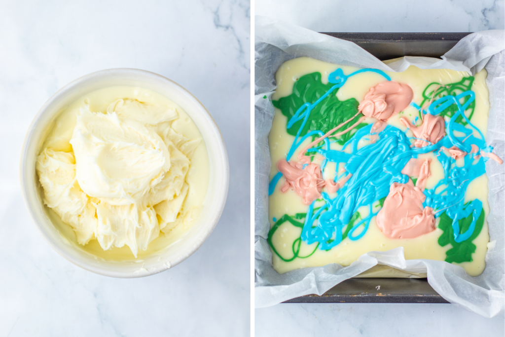 The process of making Lucky Charms Fudge. Left: A bowl of melted white chocolate base. Right: The white base in a pan with swirls of melted green, blue, and pink colored candy melts.