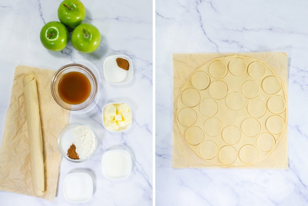 Ingredients including apples, dough, caramel, and spices, and circles cut from pastry dough for the Caramel Apple Tartlets.
