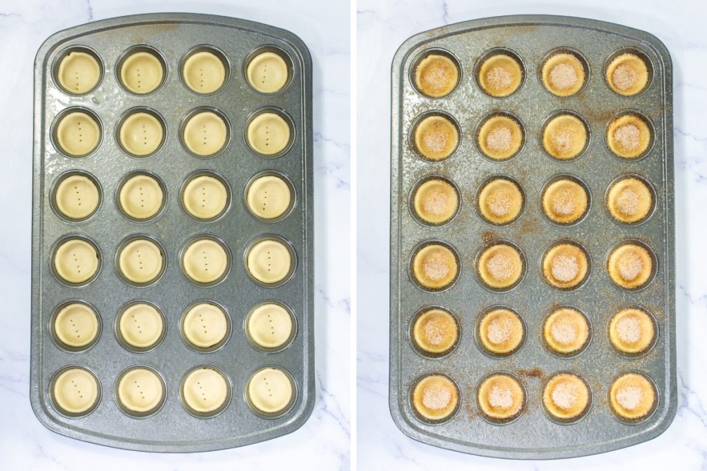 Pastry rounds for mini Caramel Apple Tartlets pressed into a muffin tin, before and after baking with cinnamon sugar.