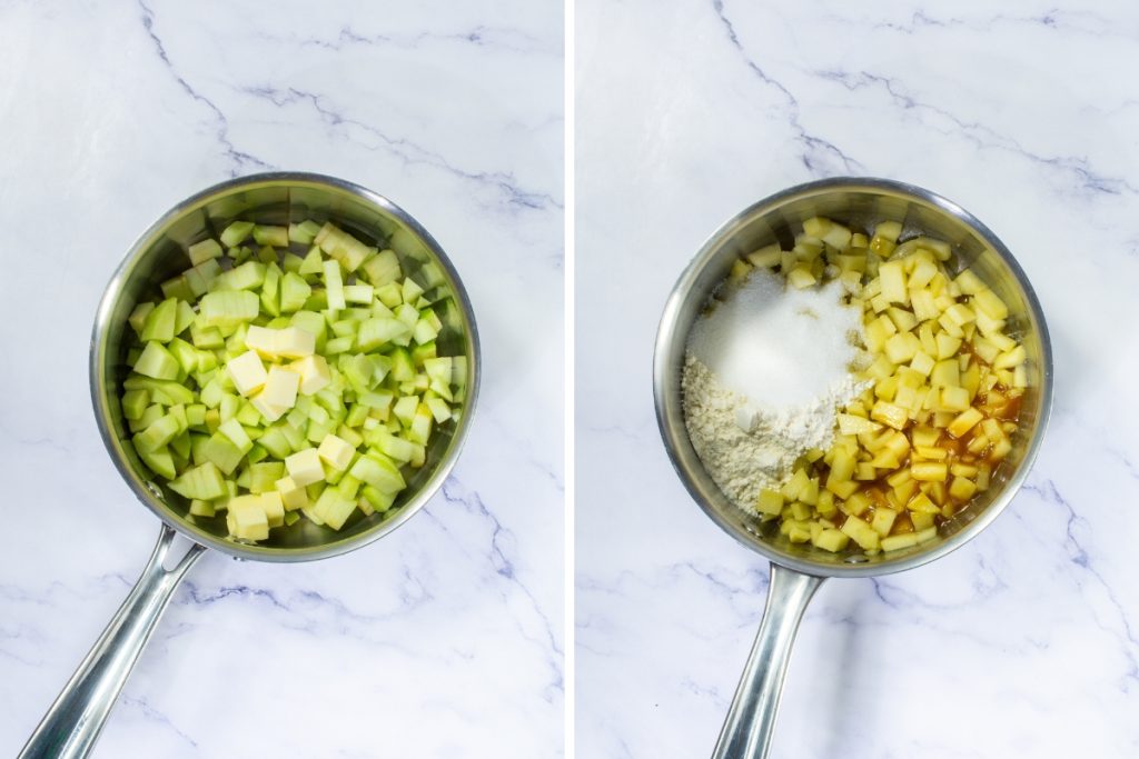 Diced green apples and butter heating in a saucepan, then combined with sugar, flour, and caramel for the Caramel Apple Tartlets.