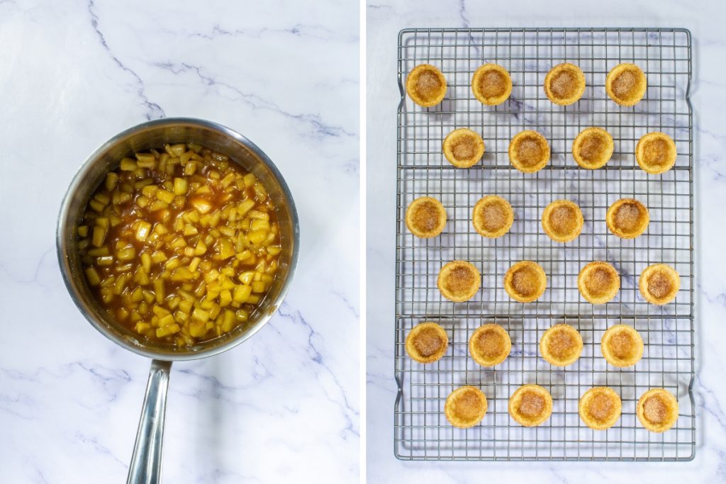 Cooked caramel apple filling in a saucepan next to baked mini pastry shells for the Caramel Apple Tartlets.