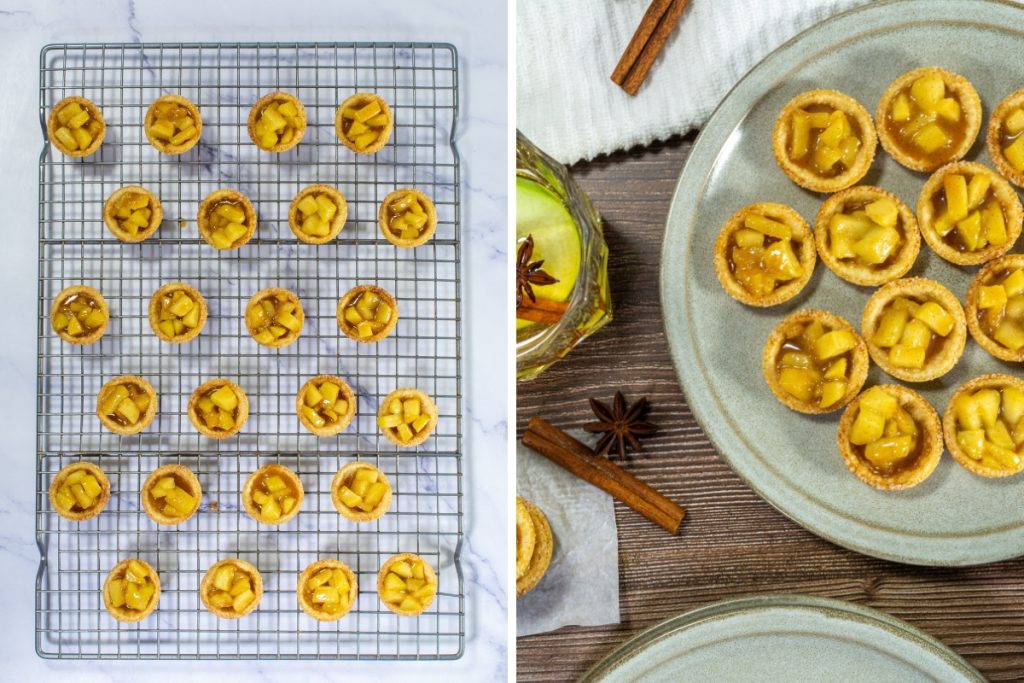 Fully baked mini Caramel Apple Tartlets cooling on a wire rack and being plated for serving.