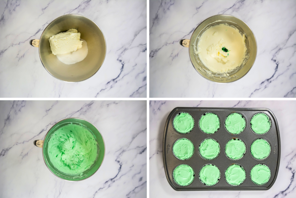 Collage detailing the mixing process of the cream cheese filling with green coloring, followed by the filling neatly scooped into the muffin tin cups.