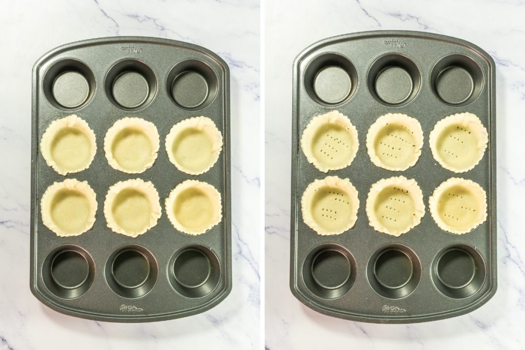 Mini pie crusts pressed into a muffin tin, before and after being pricked with a fork for the Chocolate Silk Pie that is part of Mini Pie Dessert Platter.