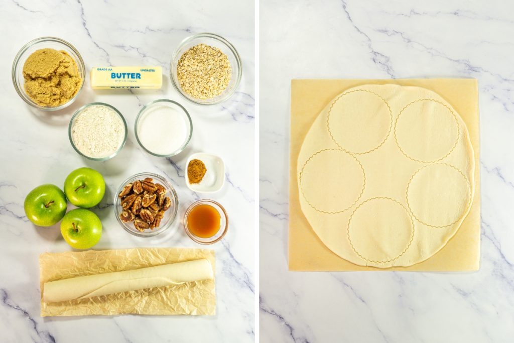 Ingredients laid out, including green apples, butter, spices, and dough on a cutting board, ready for making Mini Dutch Apple Pies that is part of Mini Pie Dessert Platter.