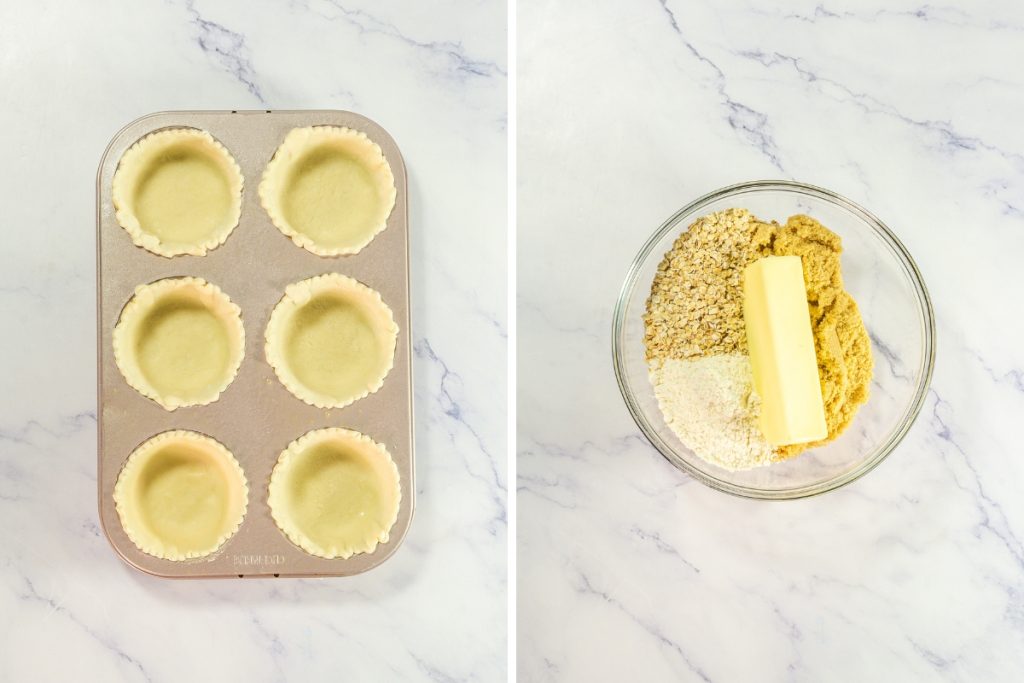 The left panel shows six pie crusts fitted into a muffin tin. The right panel shows butter, oats, and flour mixed for the crumble topping for the Mini Dutch Apple Pies that is part of Mini Pie Dessert Platter.