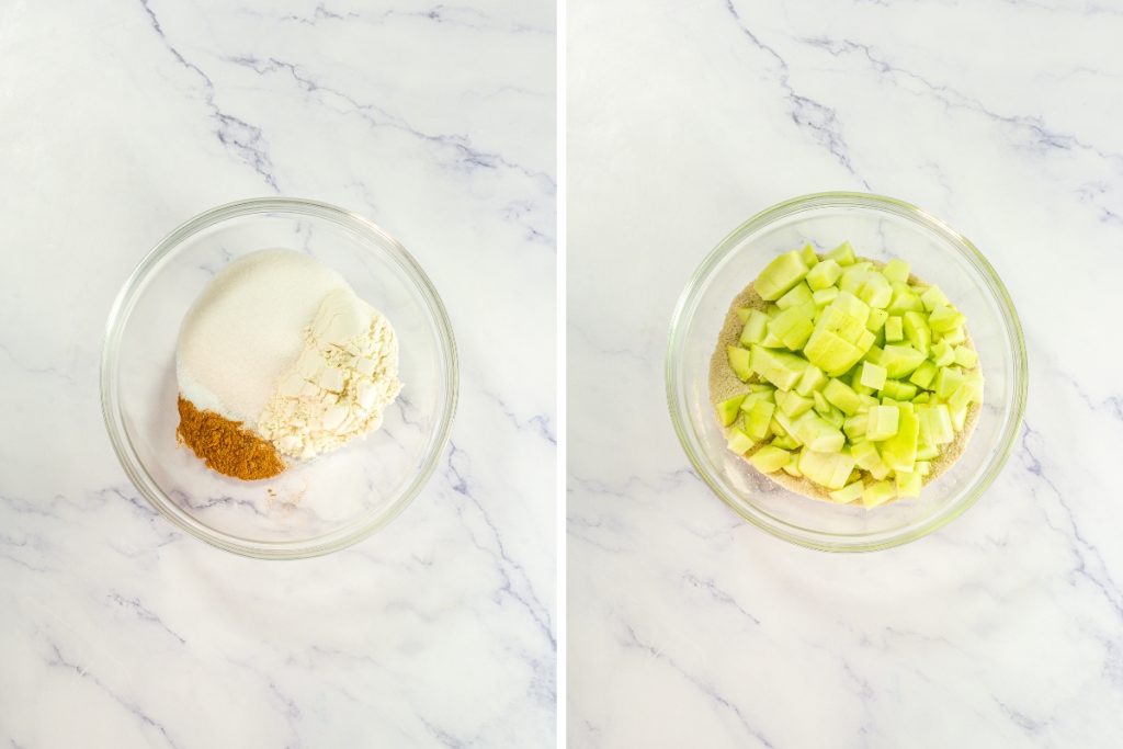 The left panel shows white sugar, flour, and spices in a bowl. The right panel shows diced green apples added to the spice mixture for the filling of Mini Dutch Apple Pies that is part of Mini Pie Dessert Platter.