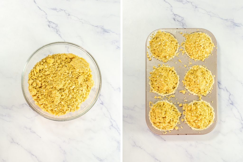 The left panel shows the prepared crumbly Dutch topping in a bowl. The right panel shows the topping covering the apple filling in the pie crusts for the Mini Dutch Apple Pies that is part of Mini Pie Dessert Platter.