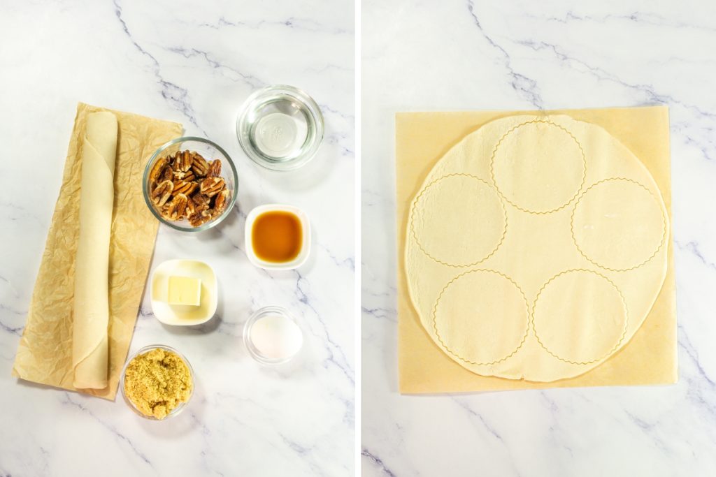 Ingredients laid out, including pecans, syrup, butter, and dough on a cutting board, ready for making Mini Pecan Pies that is part of Mini Pie Dessert Platter.